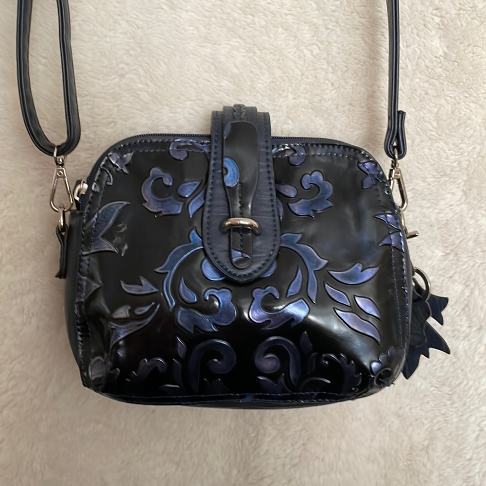 M.C.   Blue on Blue Leaf Design Cross Body Purse